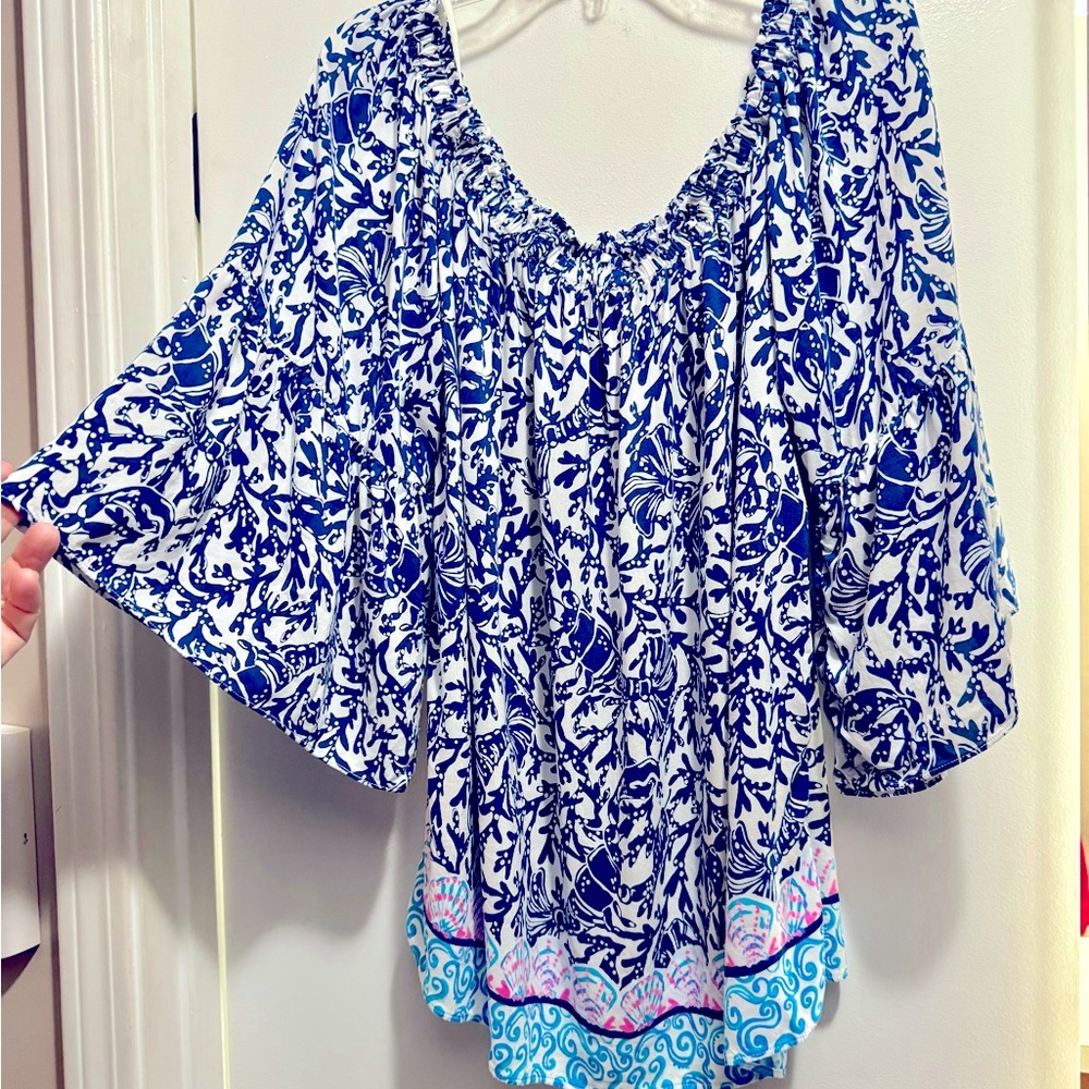 Lilly Pulitzer Nevie Off-The-Shoulder Top Oyster Bay Blue Krillin It - Picture 2 of 7